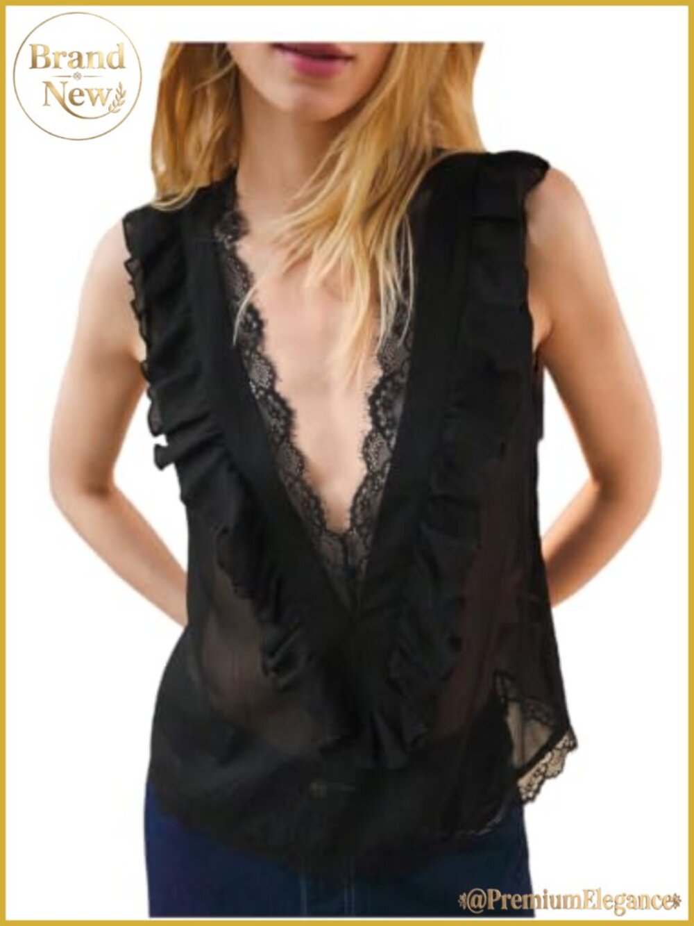 Lace V Neck Sleeveless Chiffon Tank Top Ruffle Hem Summer Going Out Top